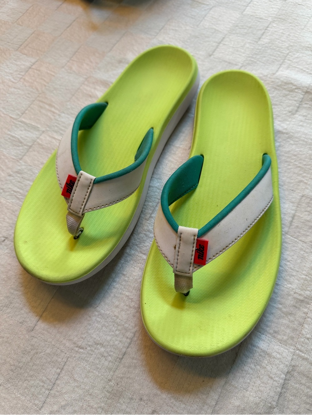 Ladies Neon Lime Flip Flop Sandals with Teal Trim